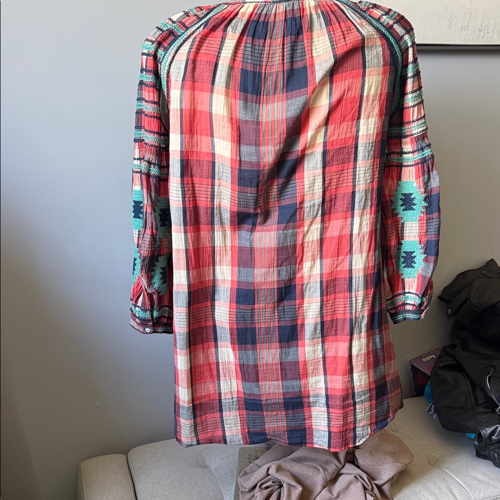 Ivy Jane Red and Blue Plaid Blouse with Embroidered Sleeves - Picture 4 of 6